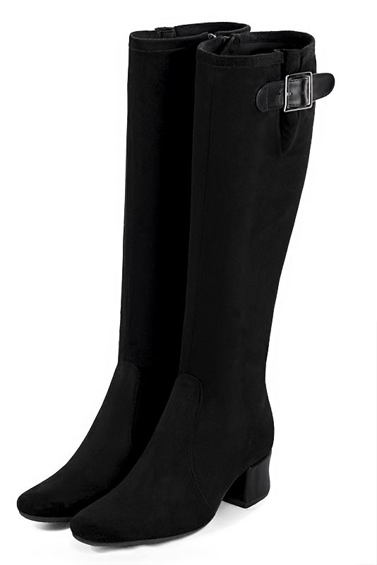Matt black women's knee-high boots with buckles. Round toe. Low flare heels. Made to measure - Florence KOOIJMAN